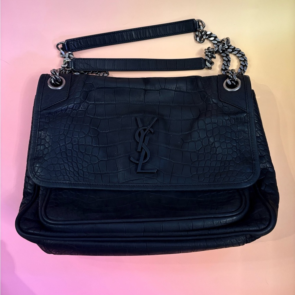 Saint Laurent Nikki Croc Embossed Leather Medium size in Black